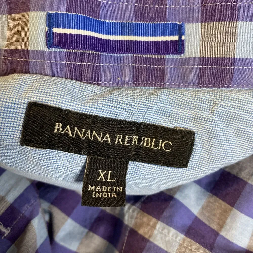 Banana Republic Plaid Shirt Short Sleeve Button Up Purple Plaid Mens XL Casual